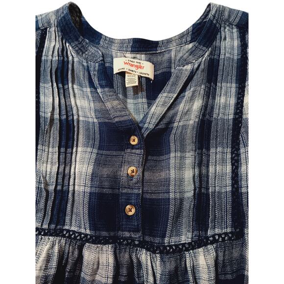 WRANGLER Boho Peasant Top Blouse Flowy Small Plaid Yoke Crochet Blue Casual - Picture 3 of 8
